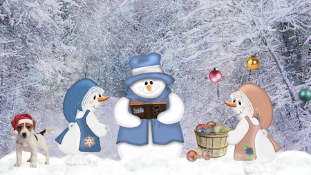 Snowman Carolers - snowman, winter, snow, dog, forest, firefox persona, christmas, basket, decorations, puppy