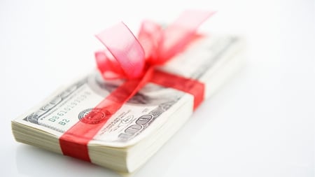 Tied With Red Ribbon - gift, bucks, money, dollars, one percenter, bank, save, ribbon, firefox persona, hundreds