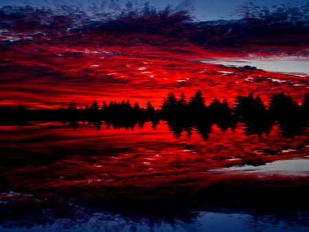 Red sunset reflection - lake, sundown, reflection, dark, red, river, sunset