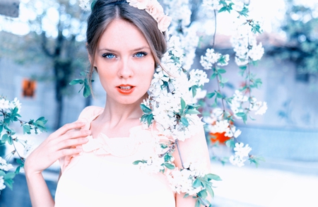 Spring girl - beauty, stare, lips, hair, delicate, blue eyes, spring, beautiful, blossom, tree, beautiful girl, flower