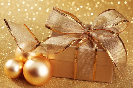 Christmas Gift - pretty, elegantly, magic, christmas balls, golden balls, holiday, magic christmas, ribbon, merry christmas, xmas, christmas gift, delicate, decoration, ball, happy new year, beautiful, balls, photography, christmas decoration, beauty, gold, lovely, christmas, new year, happy holidays