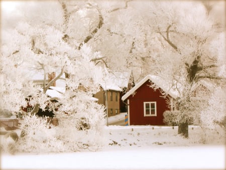 red house in frosted woods - house, winter, frosted, nature, red, snow, woods