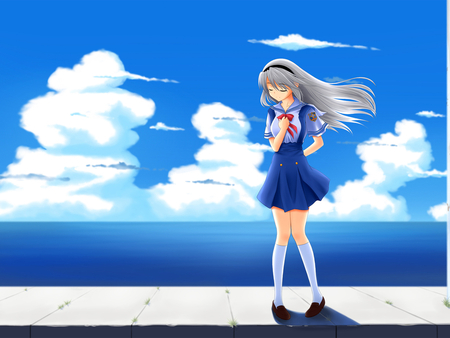 Anime girl in blue - doll, girl, cloud, blue, anime, sea, fantasy