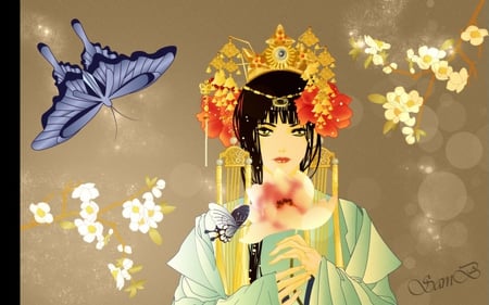 Bride of the Water God - water god, delicate, traditional, bride, bride of the water god, painting, butterfly, portrait, anime, kimono, flower