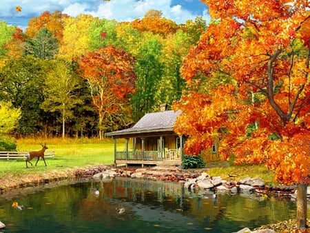 3D FALLING LEAVES - autumn, trees, 3d, colorful, leaves, deer, pond