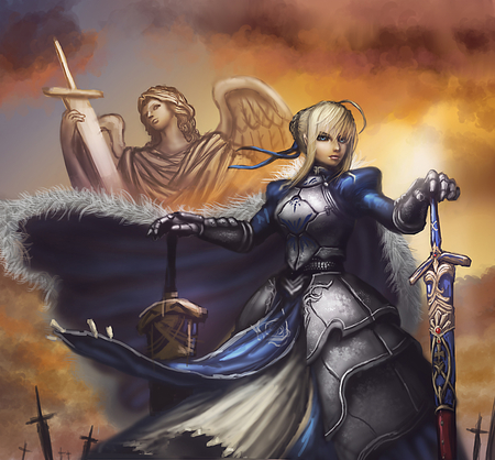 Saber Knight - saber, sky, hot, angel, female, brave, knight, anime girl, armor, cross, saber knight, cool, cloud, sword, warrior, fate stay night, sunrise