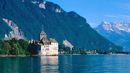 charming Switzerland beach - trees, houses, mountain, rivers