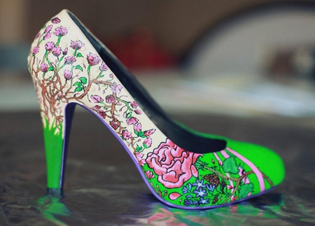 vintage roses high heels - flowers, colorful, designs, shoe, high heels, green, nice, art