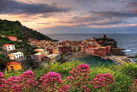 Cinque-Terre, Italy. - sky, beach, italy, cloud, house, cinque-terre, flower