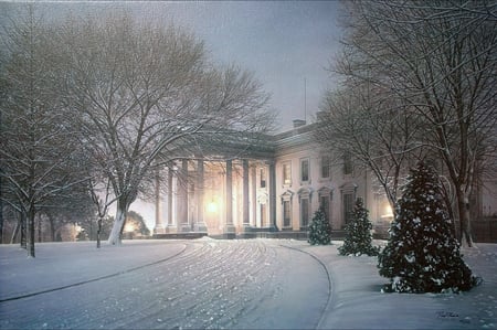 America's home - Rod Chase - winter, rod chase, christmas tree, painting, home, art, evening, snow, lightening