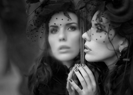 REFLECTION - beauty, woman, face, reflection, portrait, photography, bw