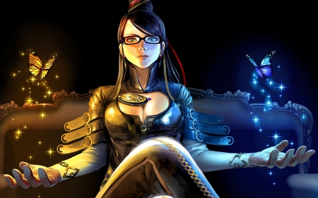 Bayonetta Wall - beauty, glasses, girl, bayonetta, butterfly, video, game, wall, blue, orange, new, butterflies