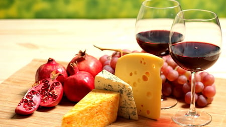 Delicious meal - wine, red, food, fruit, pomegranate, tasty, cheese