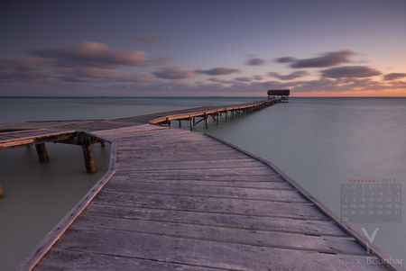 the beach in the winter - winter, sunset, water, bridge