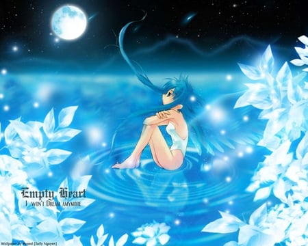 Empty Heart - moon, ocean, lake, candidate for goddess, angel, delicate, light, night, goddess, plants, dark, full moon, blue, beautiful, anime, flowers