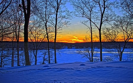 WINTER DUSK - ice, fields, mountain, trees, popular, winter, wallpaper, sunset, nature, snow, dusk