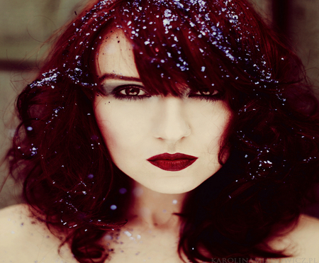 Ruby red lips - redhead, pretty, model, snow