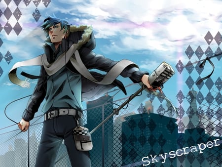 KAITO - anime, vocaloid, cityscape, microphone, short hair, wind, scarf, kaito, microphone stand, vintage microphone, blue hair, text, blue eyes