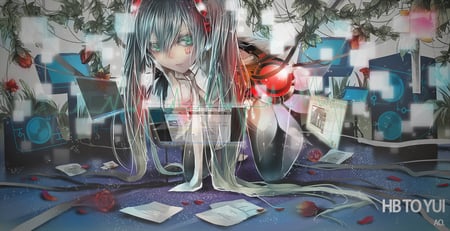 Append Miku - tie, anime, black rock shooter the game, vocaloid, hatsune miku, green eyes, green hair, flowers, black rock shooter, transparent, headphones, facial mark, cyber, text, pixiv id 1248744, kneeling, necktie, twintails, append, petals, utm, miku, computer, rose, hatsune, paper