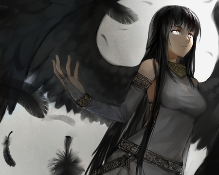 Goddess of Erinn - anime, morrighan, dress, long hair, m874, black wings, pixiv id 115162, white eyes, mabinogi, wings, black hair