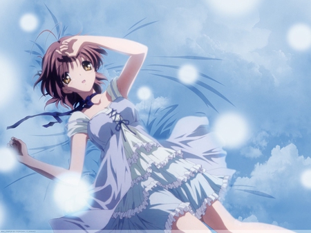 Reaching the Sky - anime, blue, beautiful, snow, wish, bed, hope, cloud, clannad, sky