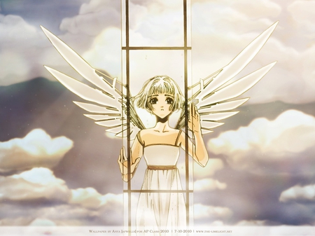 Angelic Condition - clouds, heaven, anime, block, beautiful, window, dress, angel, wings, condition, sky, glass, clover