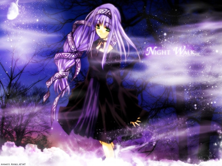 Night Walk - black, beautiful, fog, lolita, mist, elemental gerad, delicate, purple, anime, night, blue, reverie metherlance, graceful, moon, star, ren, erementar gerad