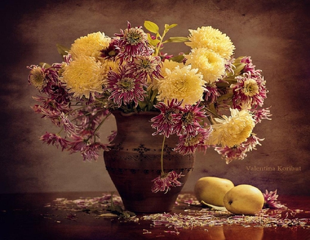 Still life chrysanthemums. - flower, fruit, vase, still life, chrysanthemum, daisy