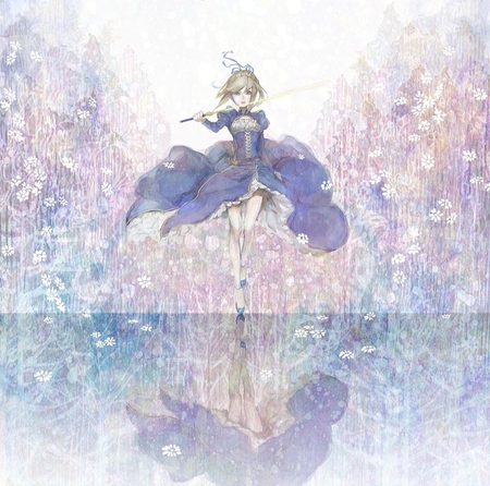 Saber - saber, reflection, anime, sword, flowers, weapons, fate stay night, dress