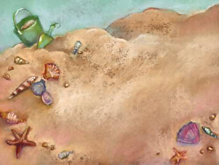 Beach Treasures - scenery, artwork, beach, landscape, pail, sand, starfish, shells, painting, bucket, art, treasures