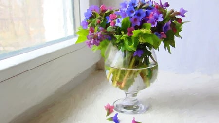 Bright and Beautiful Still Life - painting, bright, window sill, petals, blue, flowers, bold