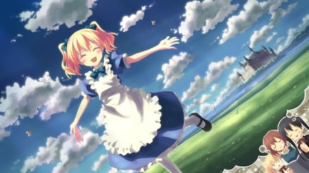 Kiniro Mosaic - girls, sky, female, field, alice, clouds, anime, short hair, grass, kiniro mosaic, happy