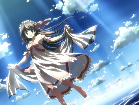 Anime - clouds, anime, female, water, dress, girl, sea, ocean, long hair, happy, sky