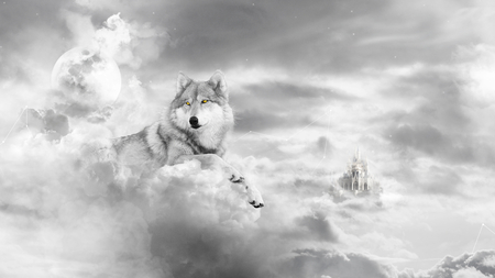 Wolf Realm - moon, wolf, silver, realm, black and white, castle