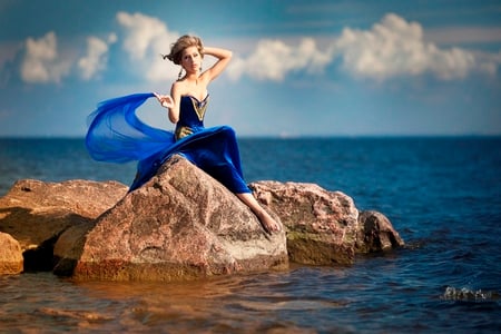 Lady in blue - alone, charming, water, beauty, ocean, sky, clouds, blue dress, beautiful lady, sea, wonderful, nature, stone, sunshine