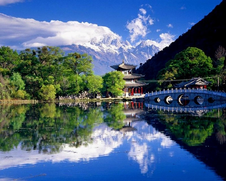 Palace in China - water, china, mountain, trees