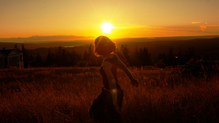 enjoying the sunset - sky, female, sun, photography, sunset, field