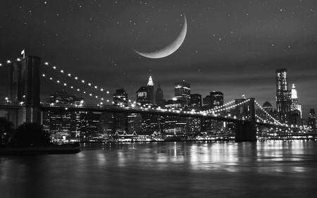 moon over new york - moon, beauty, sky, travel, photography, water, black, newyork, white, reflection, bridge