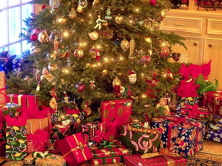 Christmas Gifts - christmas tree, gifts, image, interior, living room