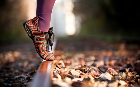 balance - woman, autumn, traintracks, girl, photography, colorful, foot, shoe, nature, fall