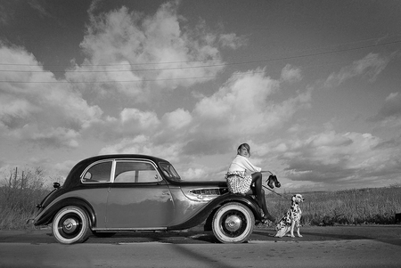 STOPOVER - woman, old car, sky, landscape, photography, oldtimer, bw, moods, dog, break