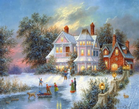 By Dennis Lewan - nice, fun, cottage, trees, people, joy, peaceful, painting, art, lanterns, river, icy, house, frozen, chirdren, ice, dennis lewan, rink, skating, light, winter, kids, lovely, village, frost, snow, beautiful, sledge