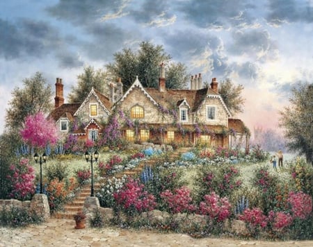 By Dennis Lewan - painting, dennis lewan, flower, art, cottage