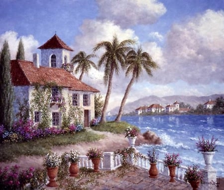 By Dennis Lewan - painting, sea, dennis lewan, art, cottage, palm