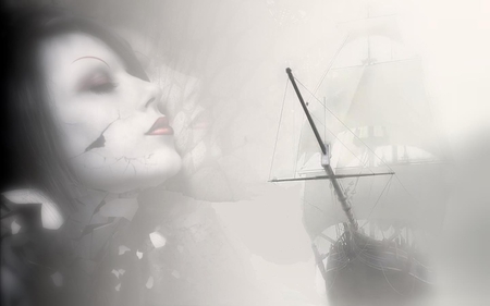 Forever Lost in the Fog - fantasy, fog, woman, sailboat