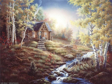 By Judy Gibson - cottage, countryside, stream, creek, villa, wolves, art, river, grass, mountain, nature, wolf, glow, forest, beautiful, cabin, judy gibson, nice, beauty, sky, trees, greenery, calm, painting, quiet, pretty, calmness, house, tree, summer, shore, lovely, serenity