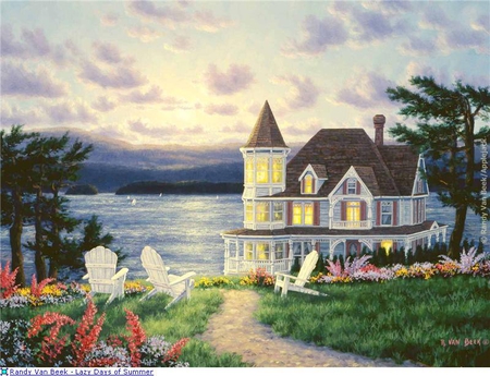 Randy Van Beek * Lazy days of summer - painting, art, randy van beek, house, flower