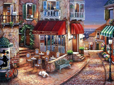 Cafe romantique - dog, terrace, art, painting