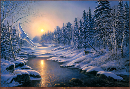 James Meger, Solstice - dazzling, sun, riverbank, stream, sunset, shine, james meger, creek, white, cold, reflection, river, frozen, owl, artistic, light, nature, glow, forest, beautiful, frost, snow, animal, nice, sky, water, birl, painting, pretty, clouds, tree, ice, sunlight, winter, shore, lovely, bird, solstice, flight