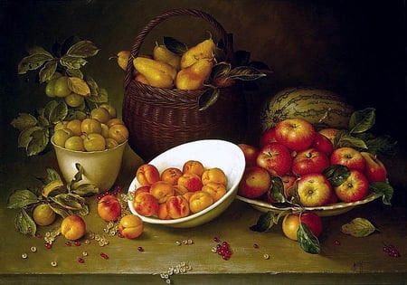 JOSE ESCOFET -- RUSTIC PEARS APPLES PLUMS APRICOTS - painting, art, jose escofet, food, apricot, apple, fruit